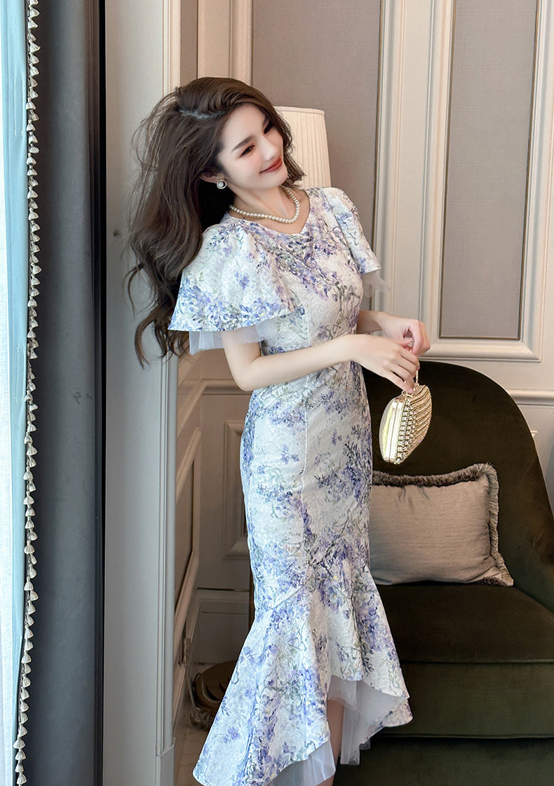 【dress】パフスリーブプリントマーメイドデートワンピースG21682