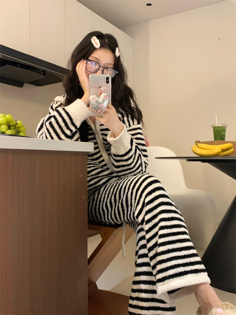 【ホーム・生活】秋冬厚手裏起毛ストライプ柄上下セットルームウェアパジャマG24581