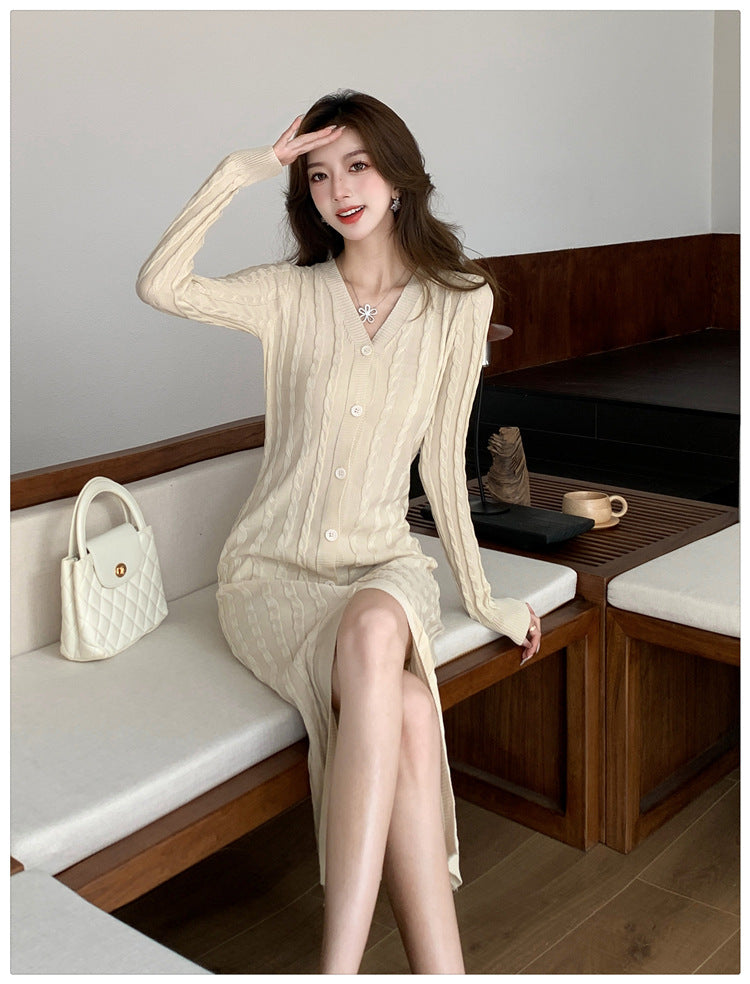 【dress】フランス風VネックニットワンピースG22956