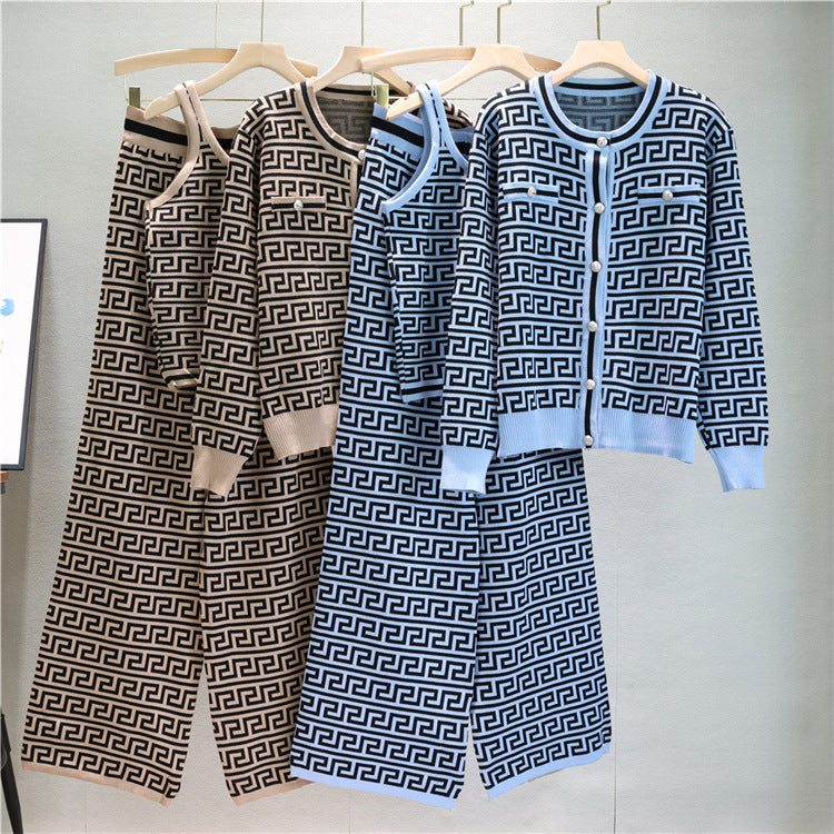 【set】長袖カーディガン＋タンクトップ+ガウチョパンツニット3点セットF7954