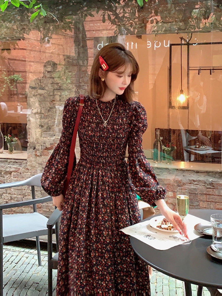 【dress】フランス風長袖花柄シフォンワンピースG24562