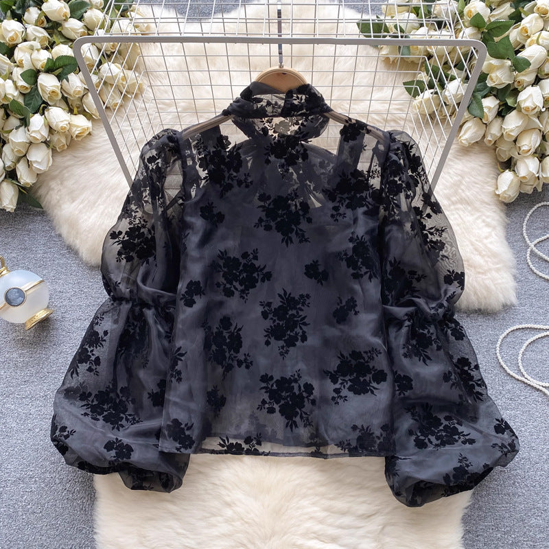 【tops】タイカラー長袖レースブラウスF8031