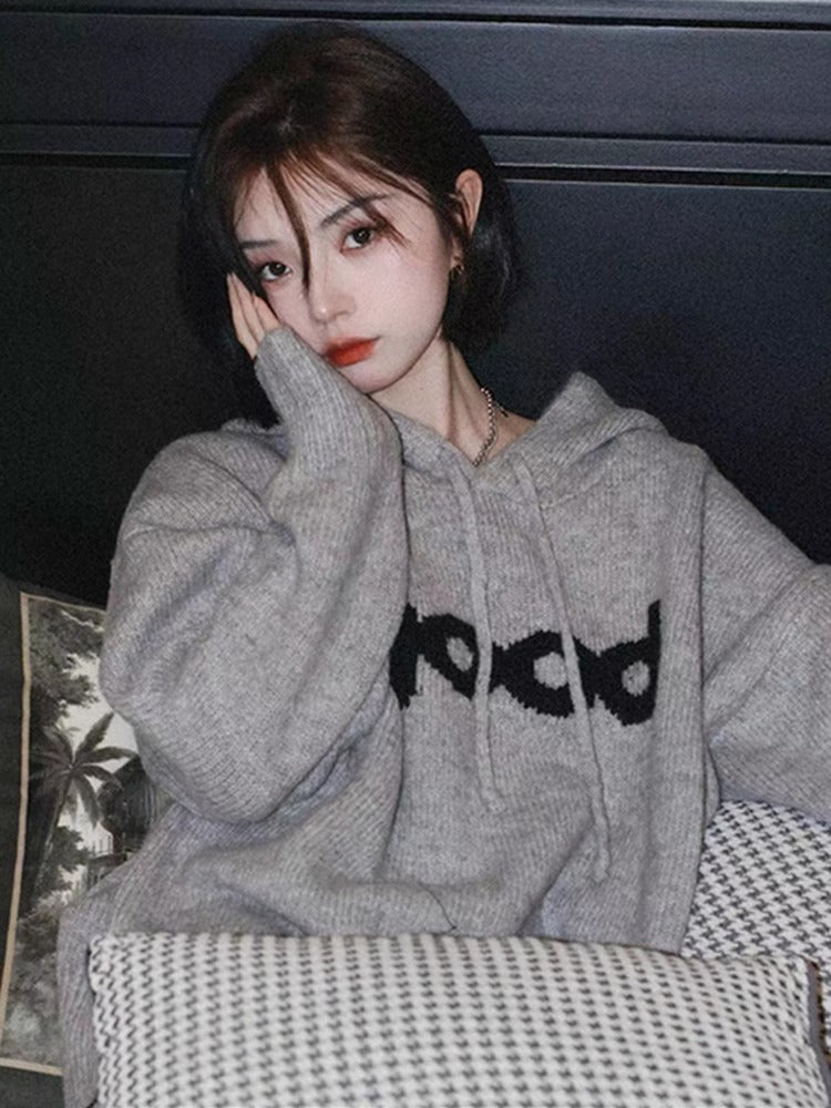 【tops】フード付き長袖ニットセーターF8216