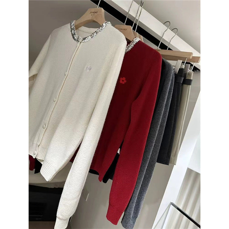 【outer】ラウンドネック長袖ニットカーディガンF8251