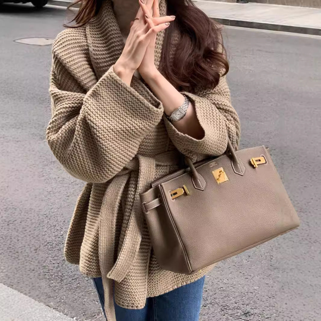 【outer】ウエストリボン長袖ニットカーディガンF8349