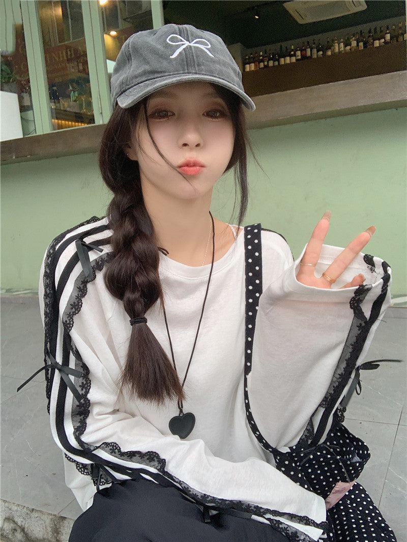 【tops】レースリボン長袖TシャツG23640