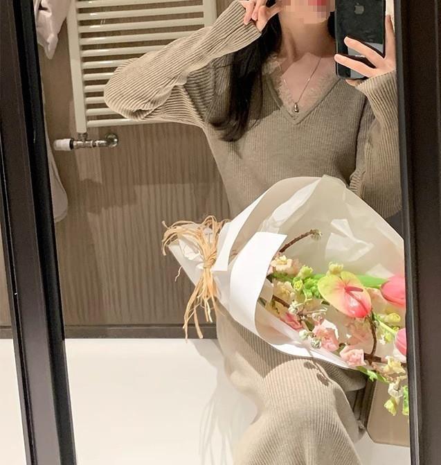 【dress】レースVネックニットワンピースG24194