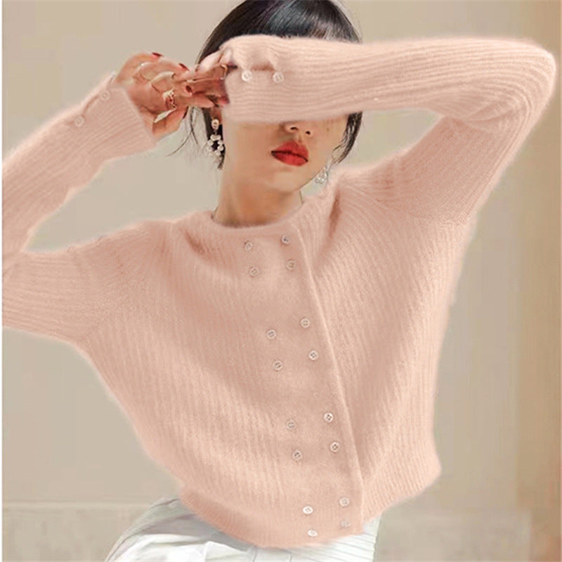 【outer】ラウンドネック長袖ニットカーディガンF8367