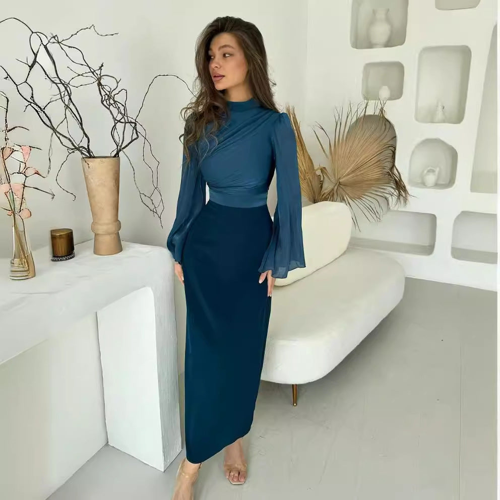 【dress】長袖ウェスト絞りロング丈ワンピースF8003