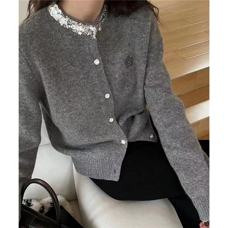 【outer】ラウンドネック長袖ニットカーディガンF8251