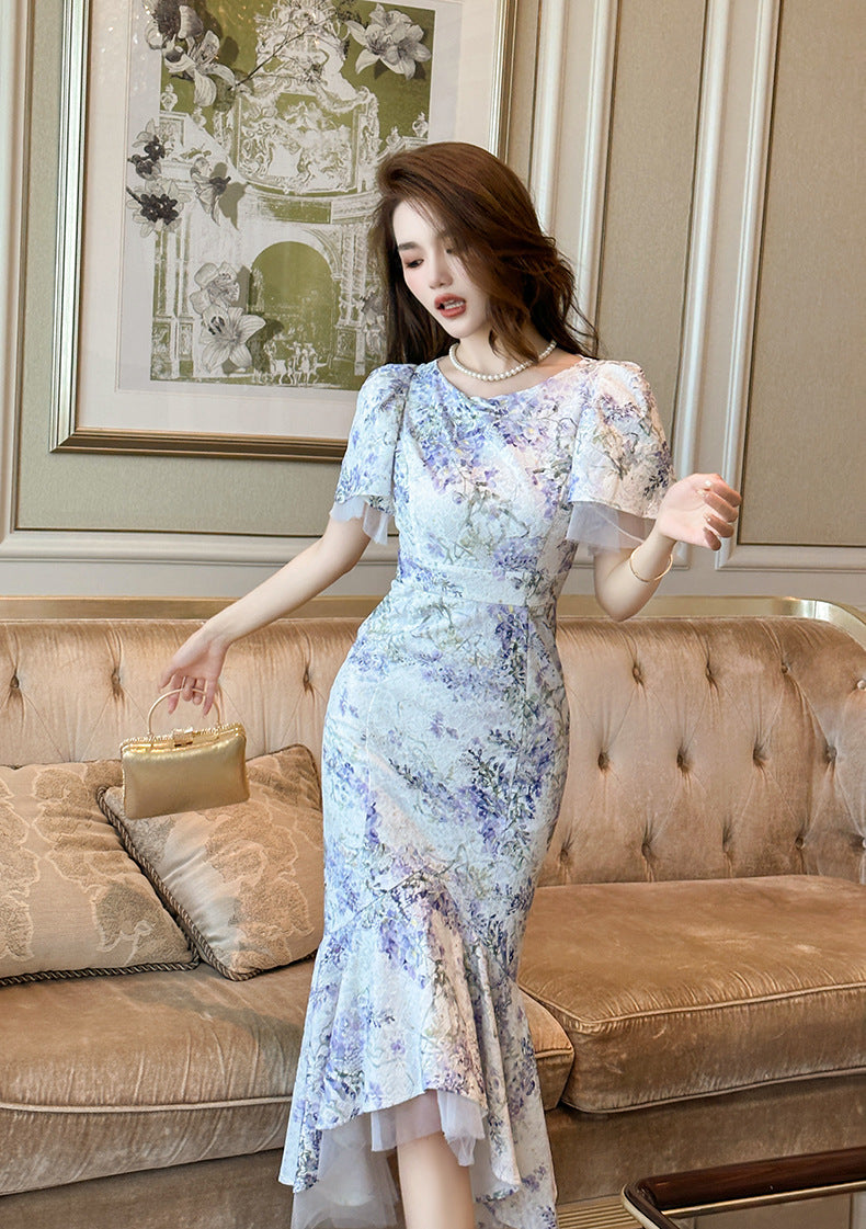 【dress】パフスリーブプリントマーメイドデートワンピースG21682