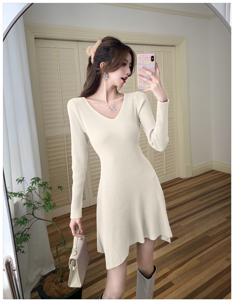 【dress】Vネック長袖ニットワンピースG23289