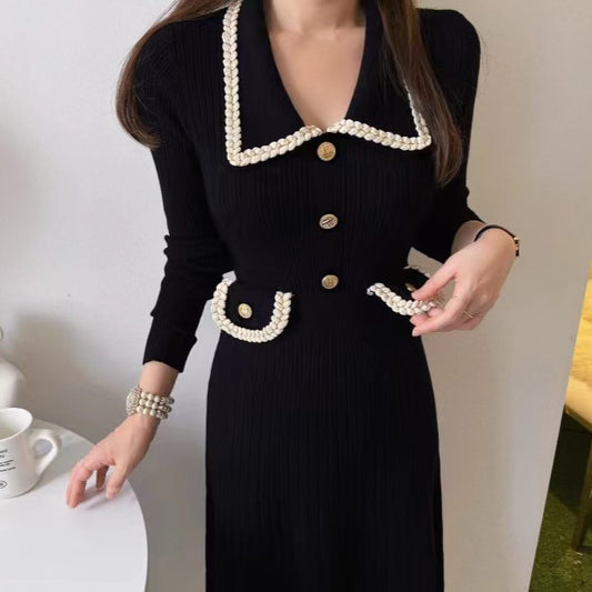 【dress】フランス風折り襟ニットワンピースG23086