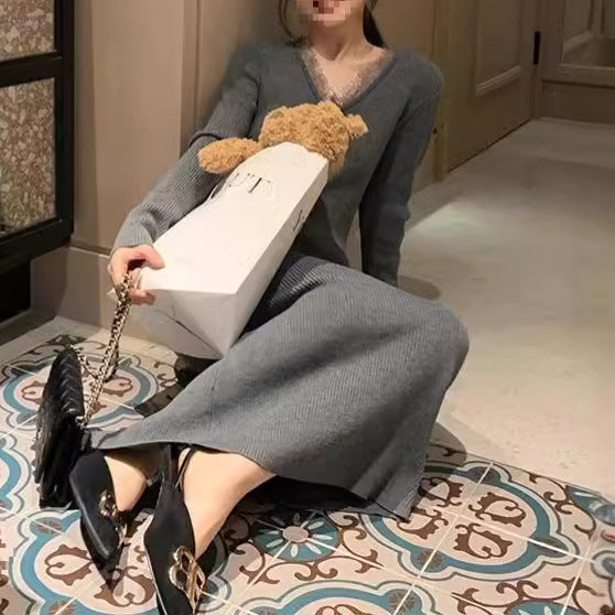 【dress】レースVネックニットワンピースG24194