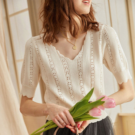 【tops】Vネック透かし彫りニットTシャツG21940