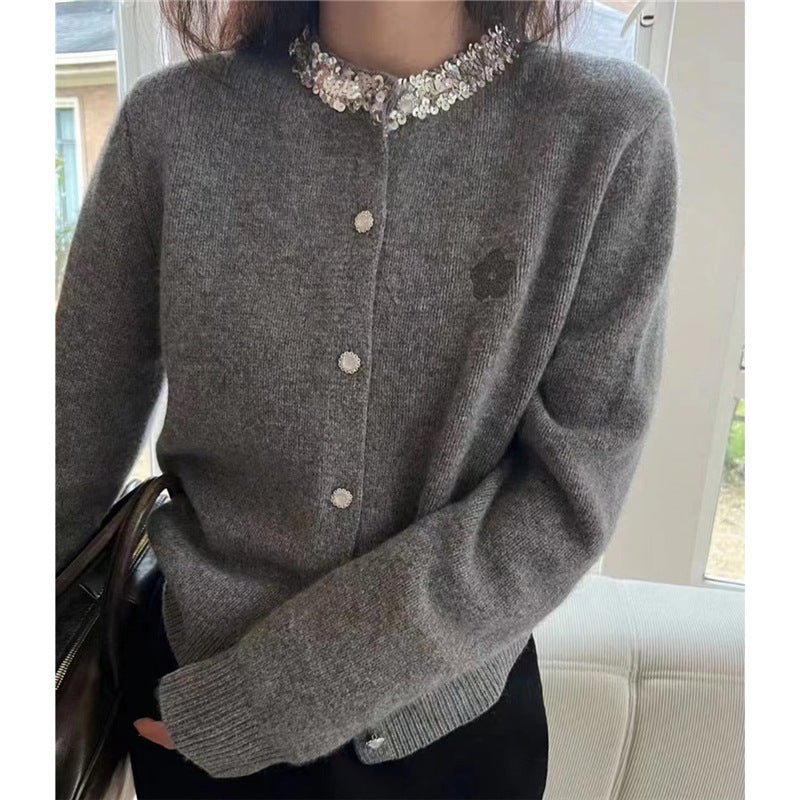 【outer】ラウンドネック長袖ニットカーディガンF8251