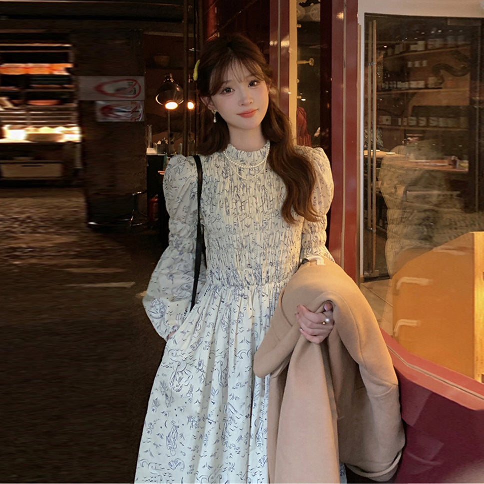 【dress】フランス風長袖花柄シフォンワンピースG24562