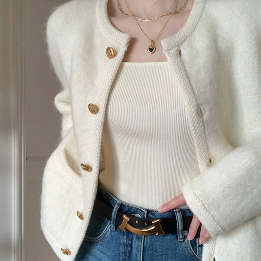 【outer】ラウンドネック長袖ニットカーディガンF8352