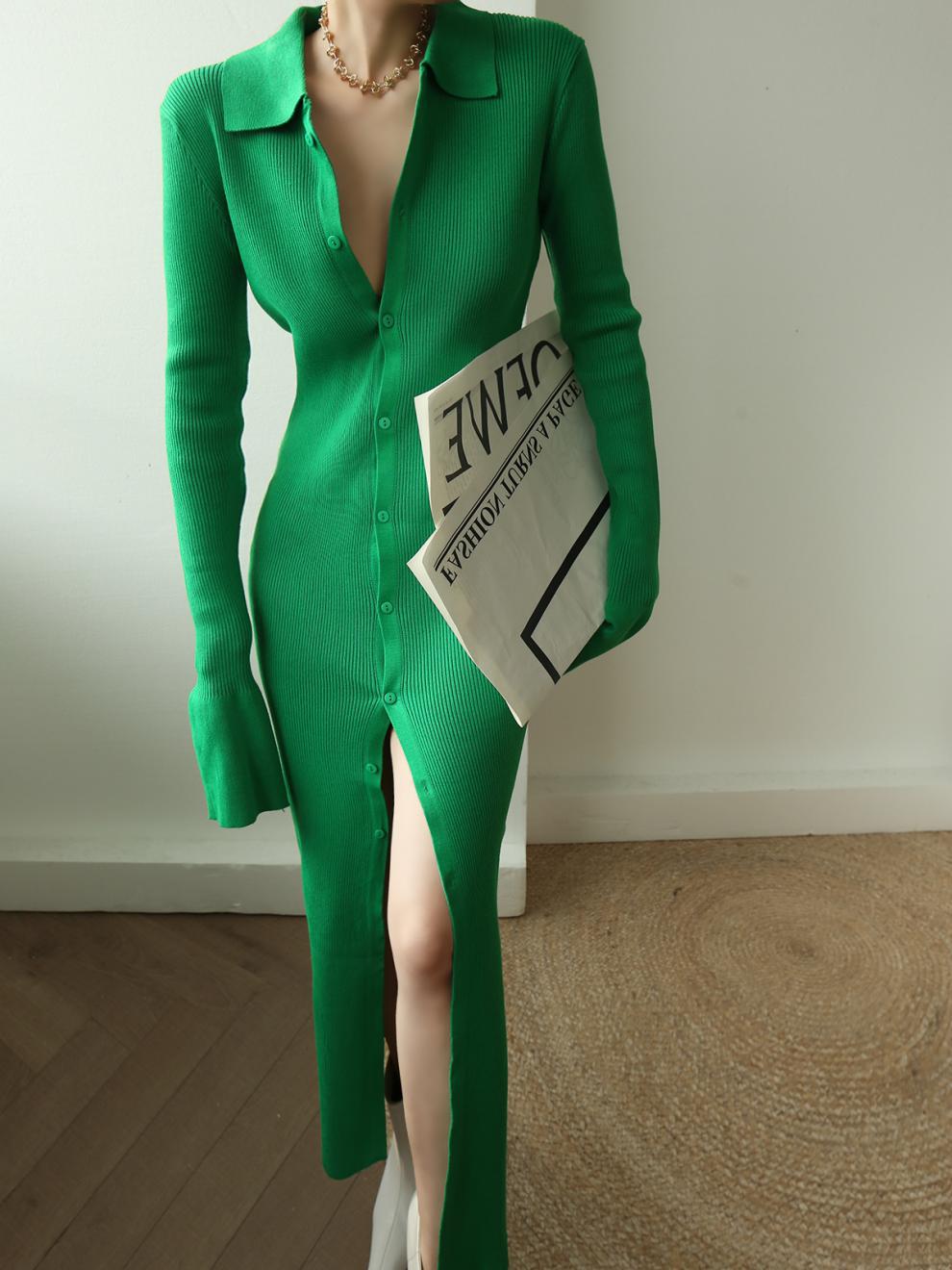 【dress】POLOネック長袖ニットワンピースF8393