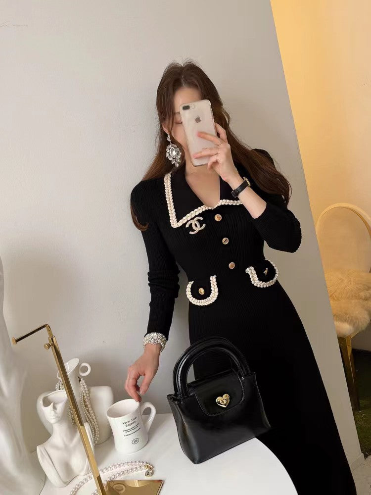 【dress】フランス風折り襟ニットワンピースG23086