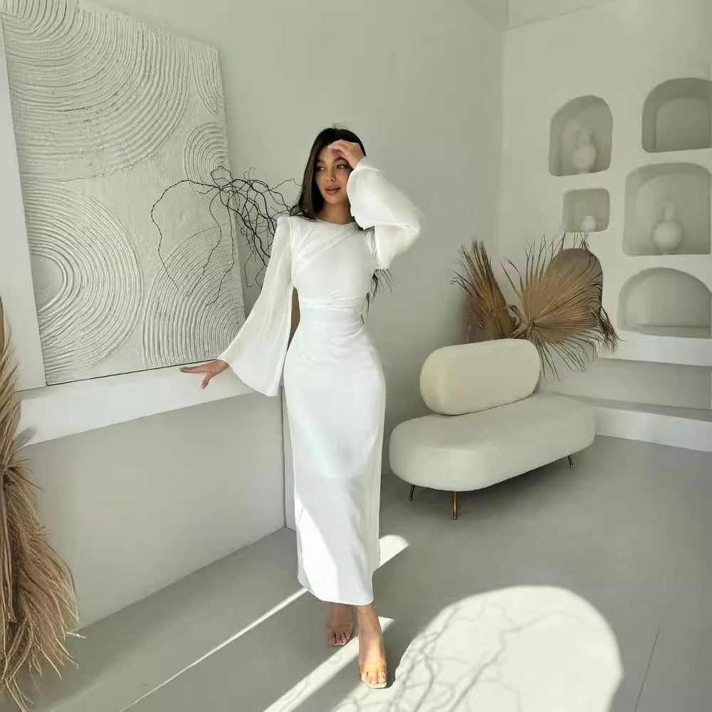 【dress】長袖ウェスト絞りロング丈ワンピースF8003