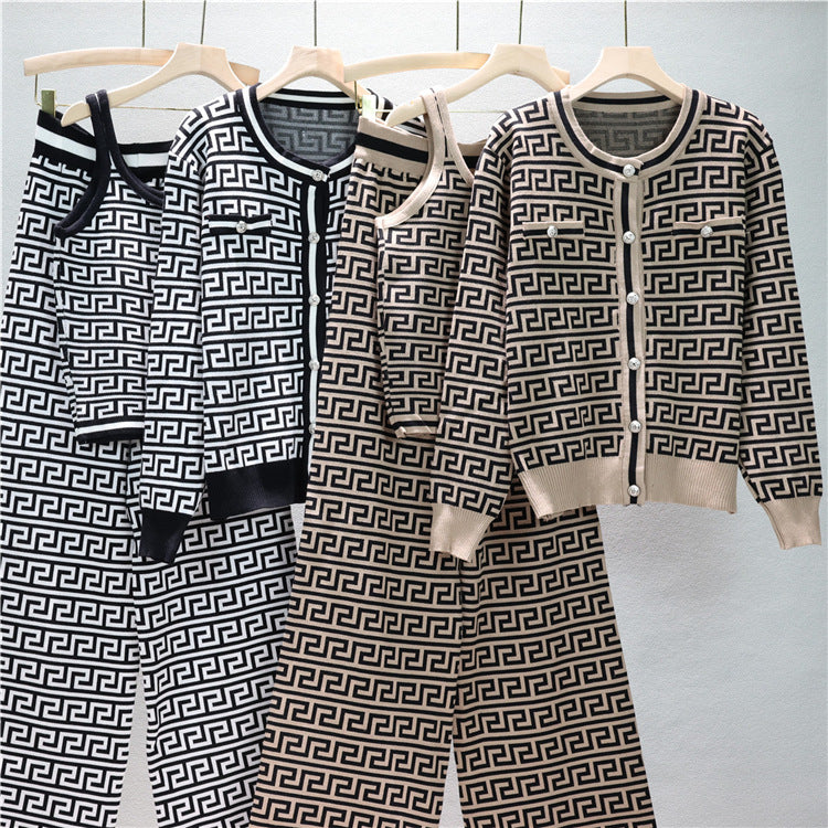 【set】長袖カーディガン＋タンクトップ+ガウチョパンツニット3点セットF7954