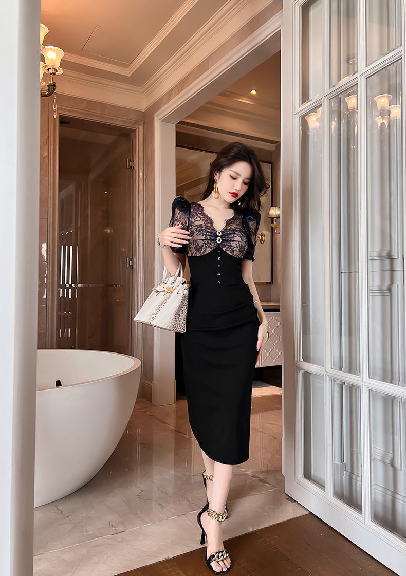 【dress】パフスリーブレース切り替えワンピースG21678