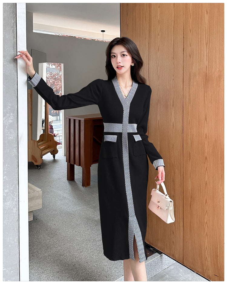 【dress】Vネック長袖ニットワンピースG23292