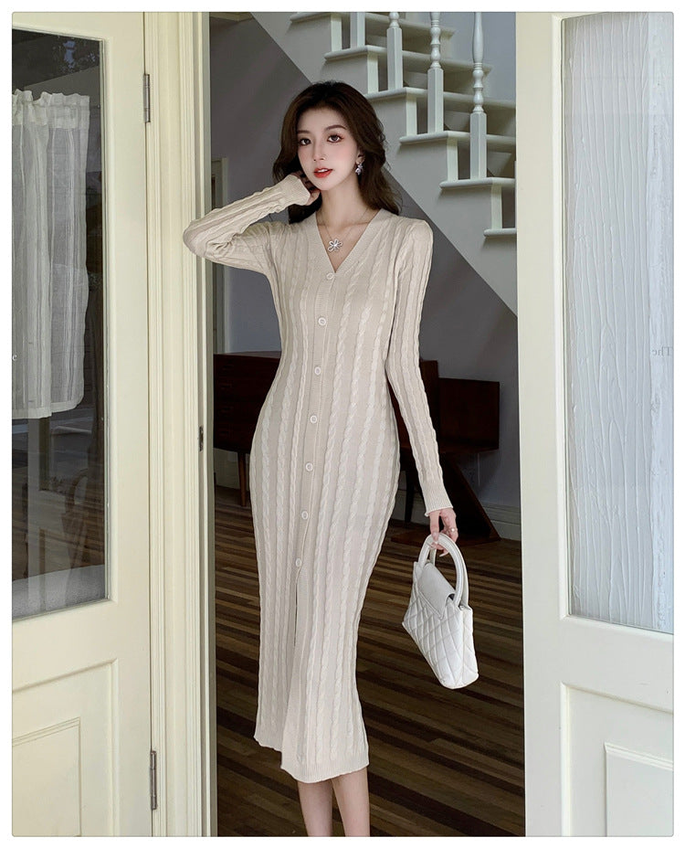 【dress】フランス風VネックニットワンピースG22956