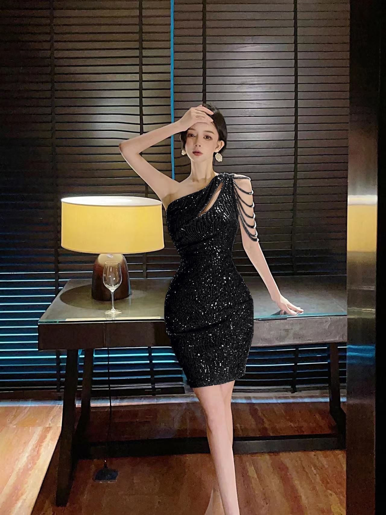 【dress】オブリークネックスパンコールデートワンピースG21701