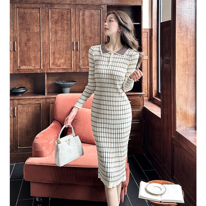 【dress】POLOネック長袖タイトニットワンピースG23291