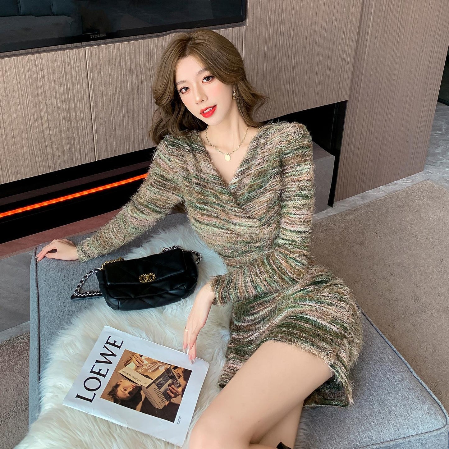 【dress】VネックタイトニットワンピースG24483