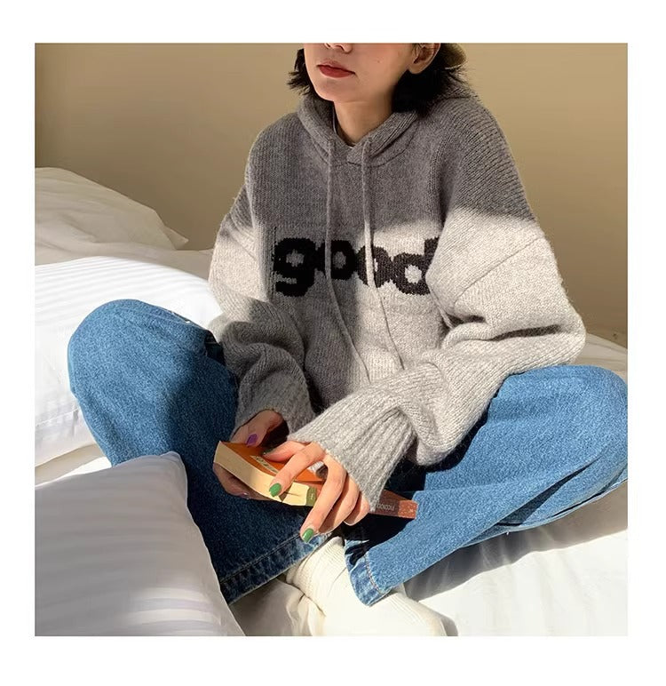 【tops】フード付き長袖ニットセーターF8216