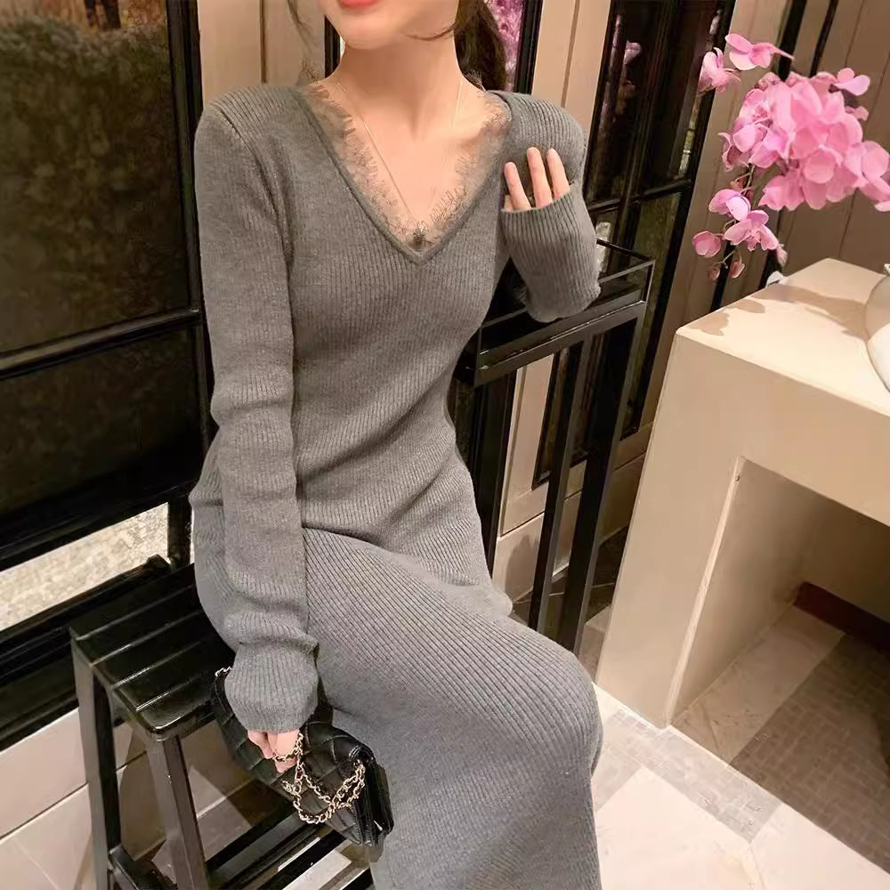 【dress】レースVネックニットワンピースG24194