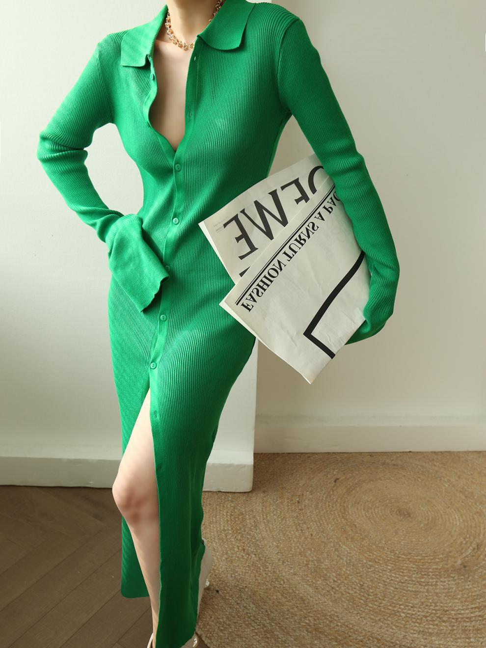 【dress】POLOネック長袖ニットワンピースF8393