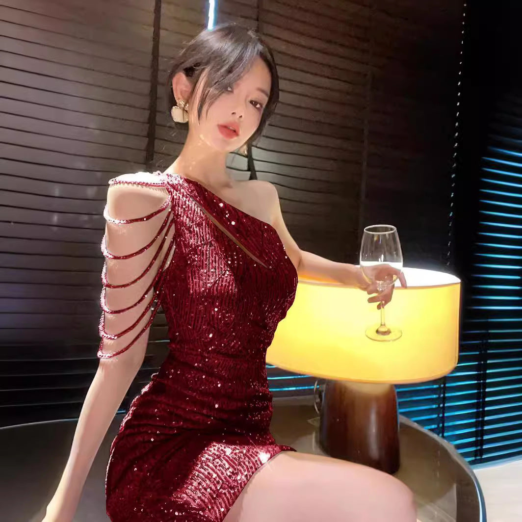 【dress】オブリークネックスパンコールデートワンピースG21701