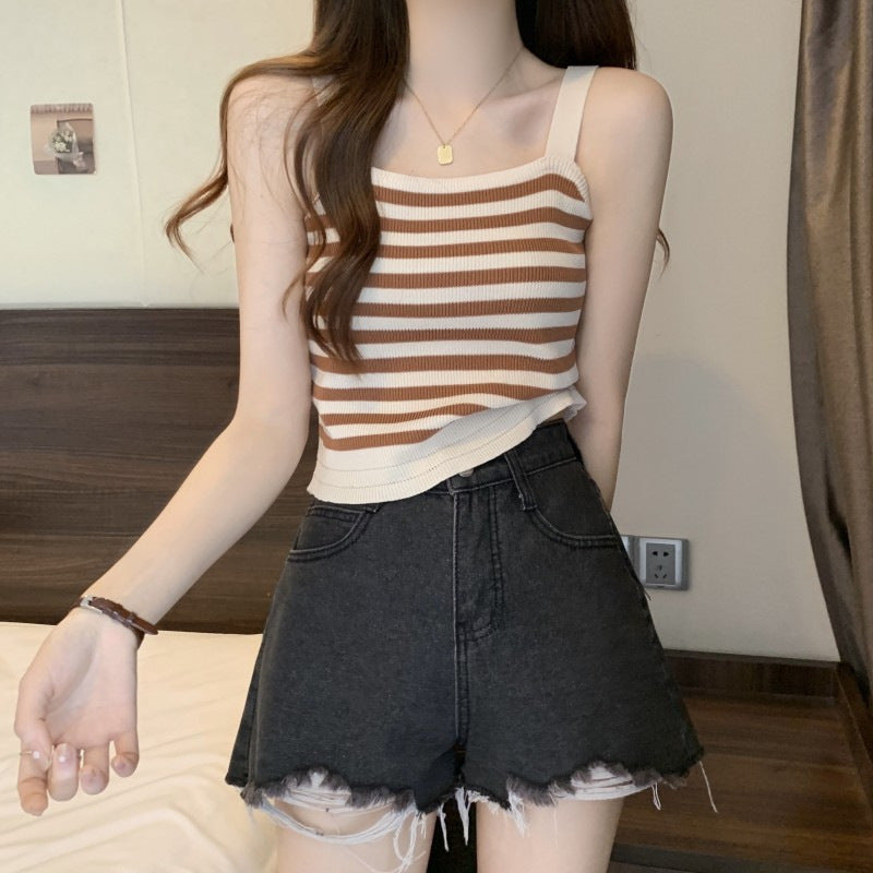 【tops】ボーダー柄ニットキャミソールF7587