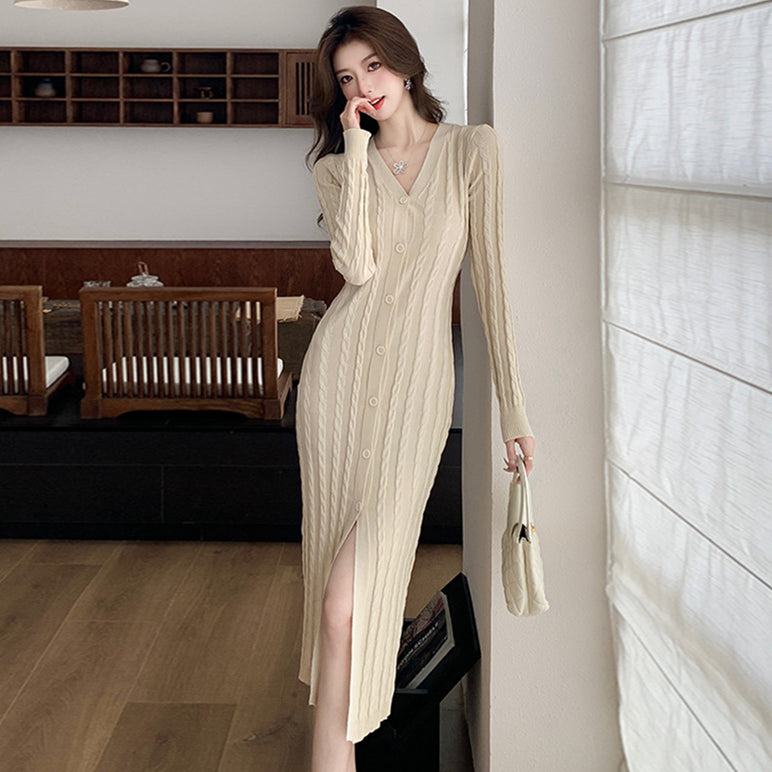 【dress】フランス風VネックニットワンピースG22956