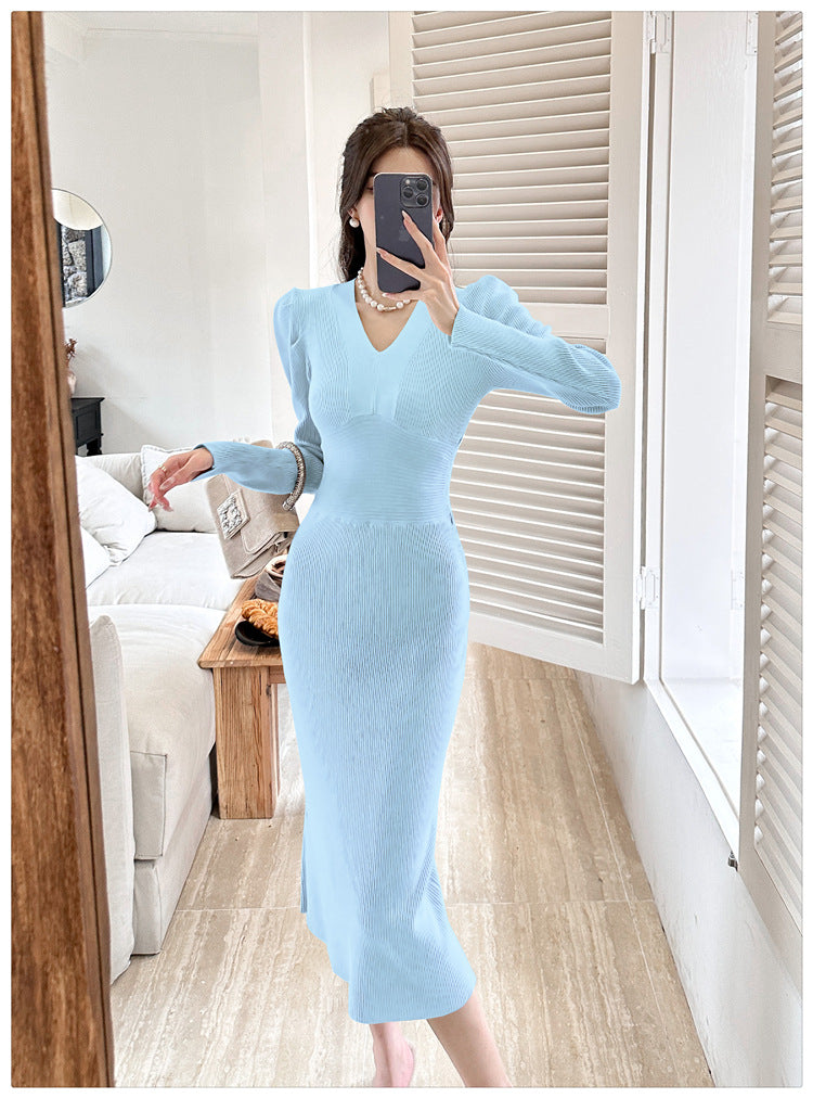 【dress】Vネック長袖ニットワンピースG23290