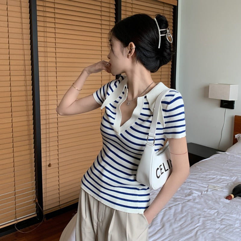 【tops】ストライプ柄ニットTシャツG22058