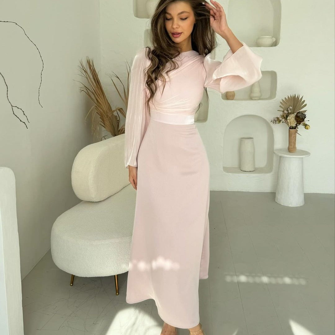 【dress】長袖ウェスト絞りロング丈ワンピースF8003