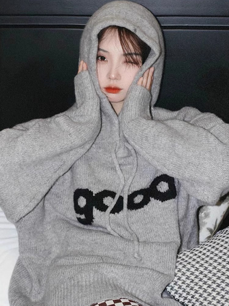 【tops】フード付き長袖ニットセーターF8216