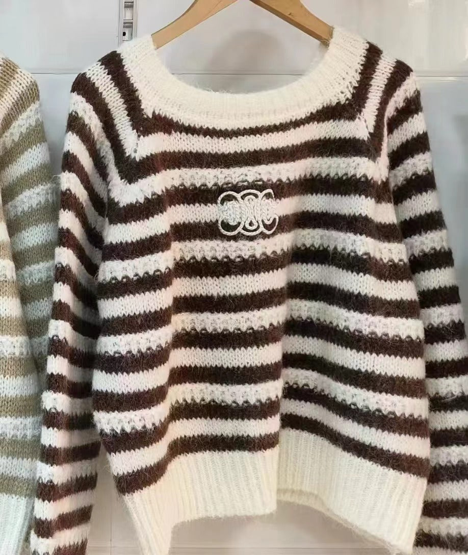 【tops】長袖ボーダー柄ニットセーターF8301