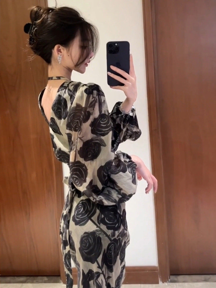 【dress】フランス風プリントVネックデートワンピースG23637