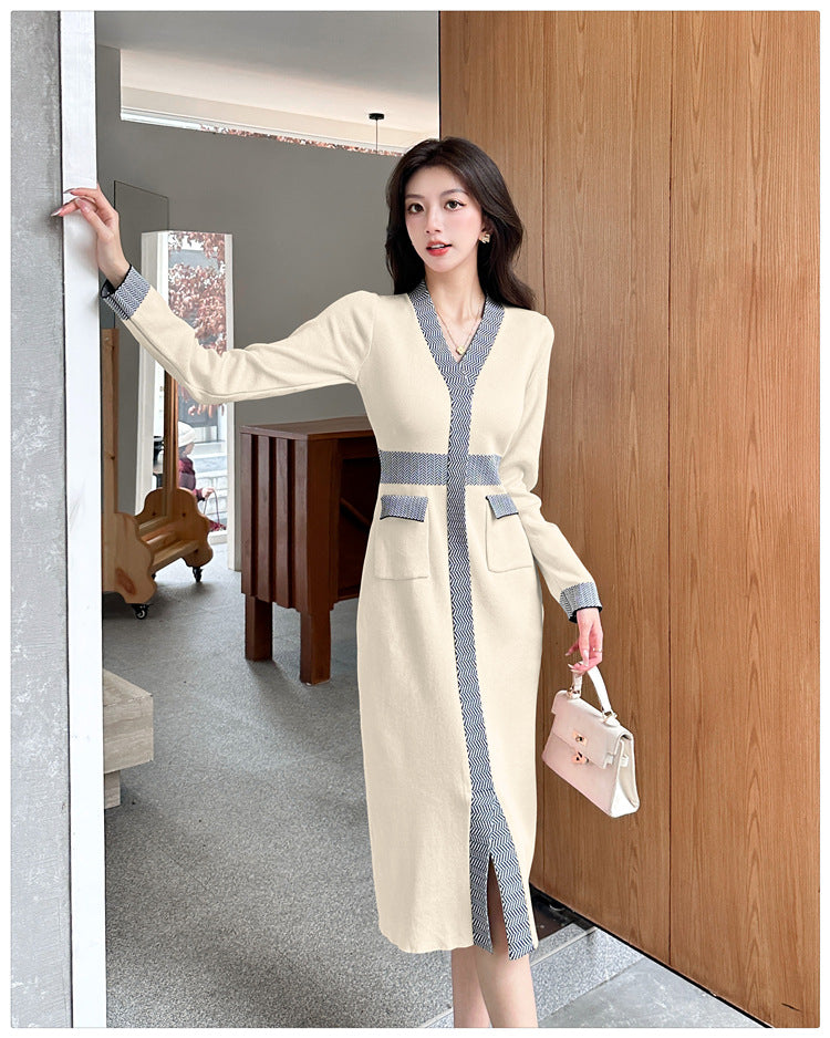 【dress】Vネック長袖ニットワンピースG23292