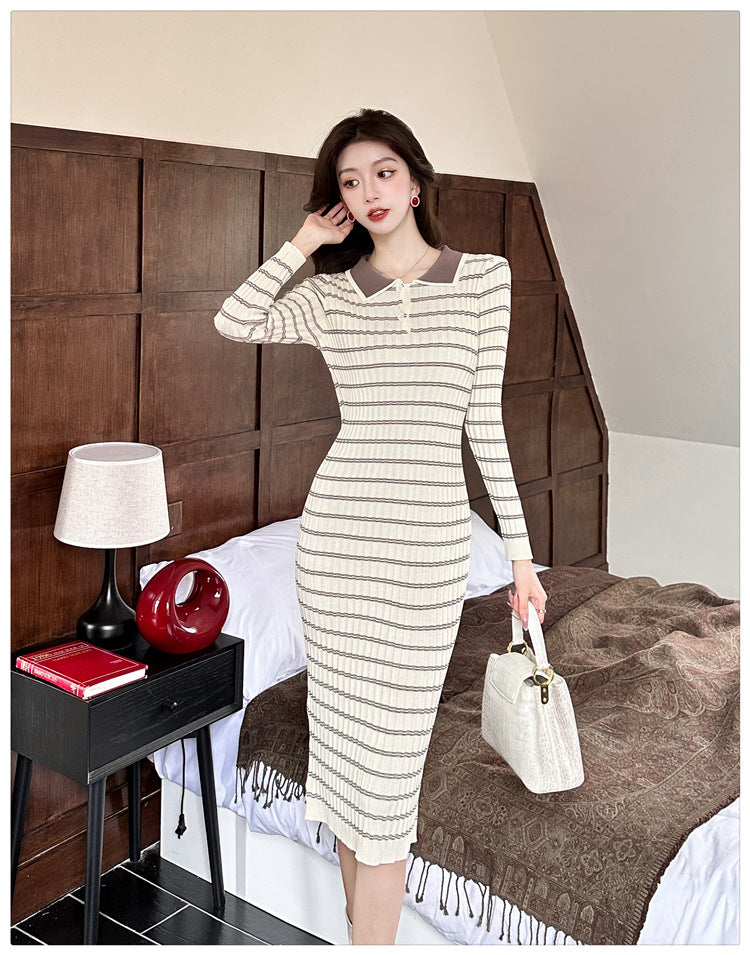 【dress】POLOネック長袖タイトニットワンピースG23291