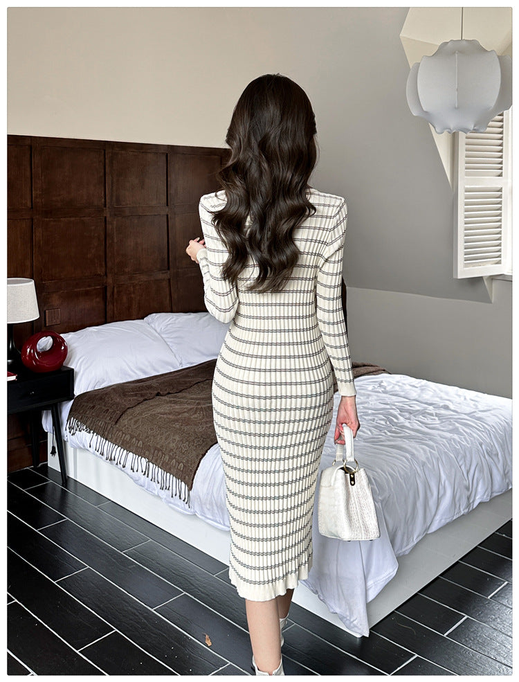 【dress】POLOネック長袖タイトニットワンピースG23291