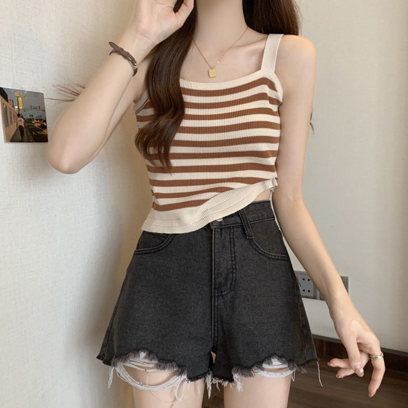 【tops】ボーダー柄ニットキャミソールF7587