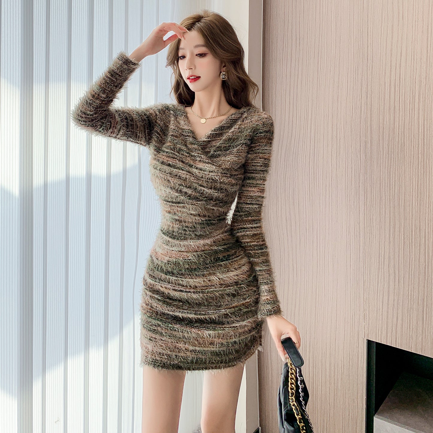 【dress】VネックタイトニットワンピースG24483