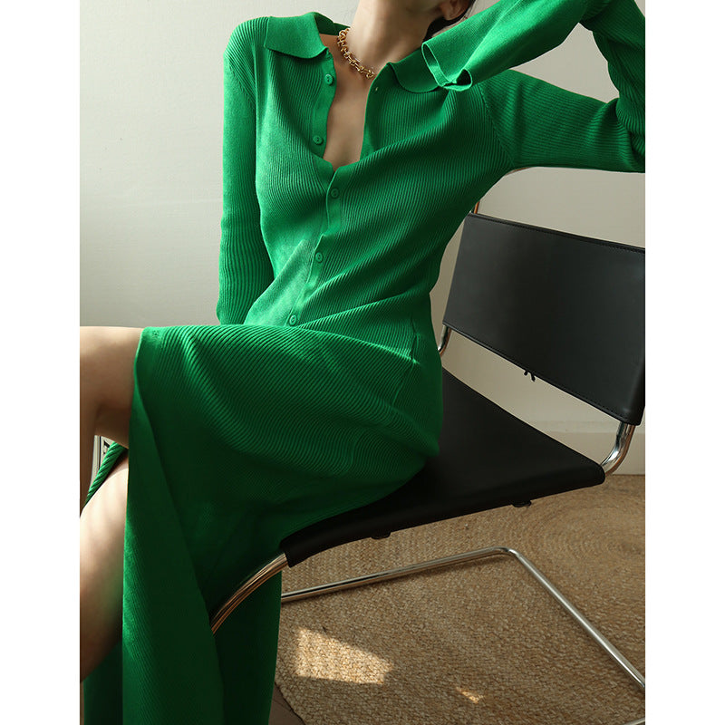 【dress】POLOネック長袖ニットワンピースF8393